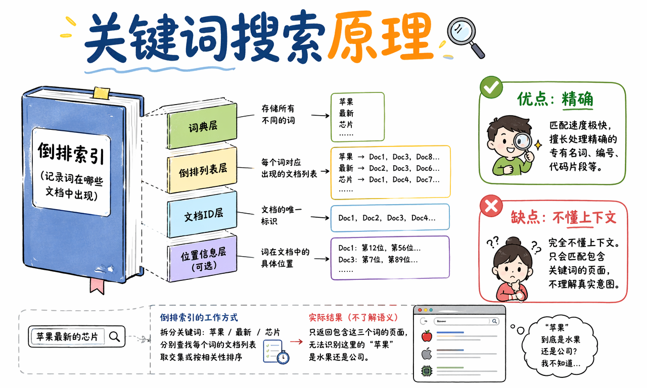 关键词搜索通过倒排索引快速查找包含查询词的文档