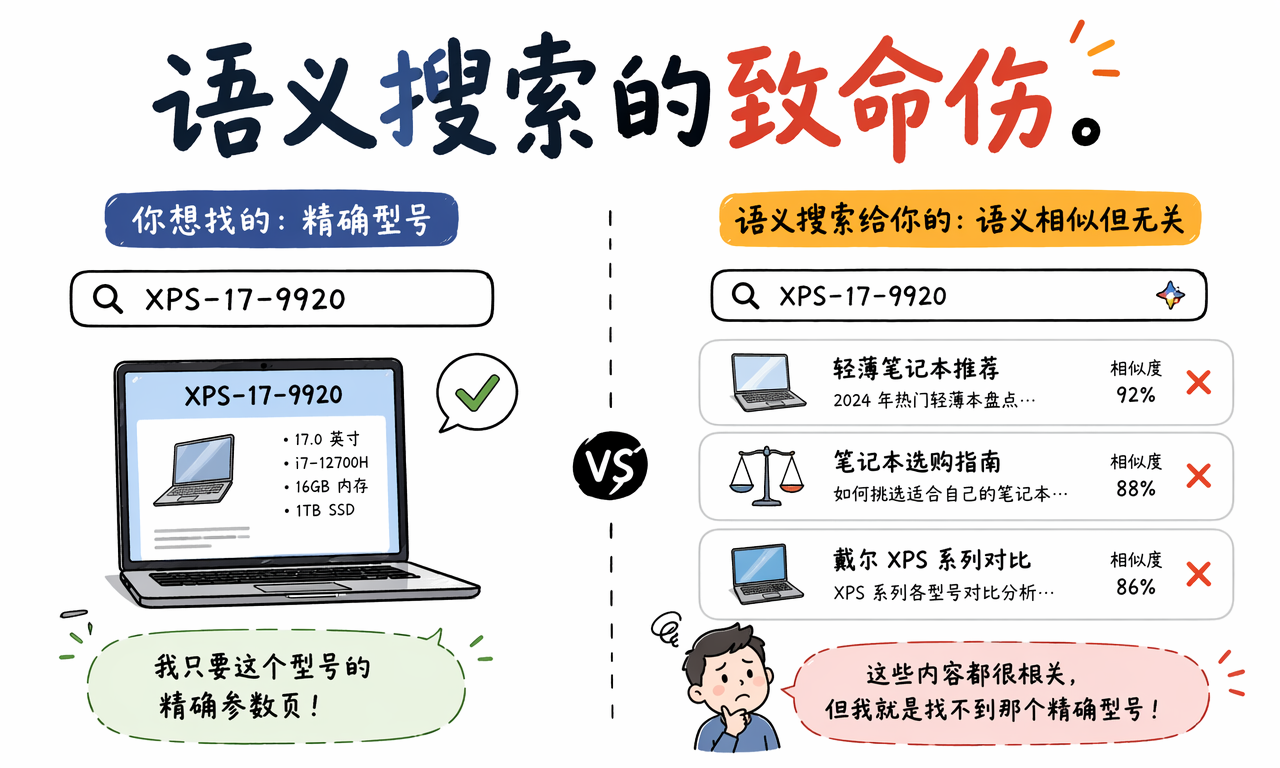 语义搜索可能用相关笔记本内容淹没精确型号页面