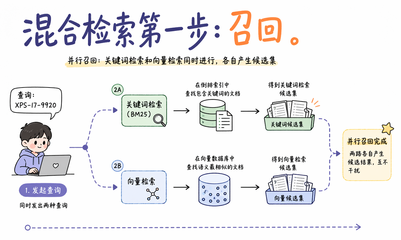 混合检索同时通过 BM25 和向量数据库并行召回候选文档