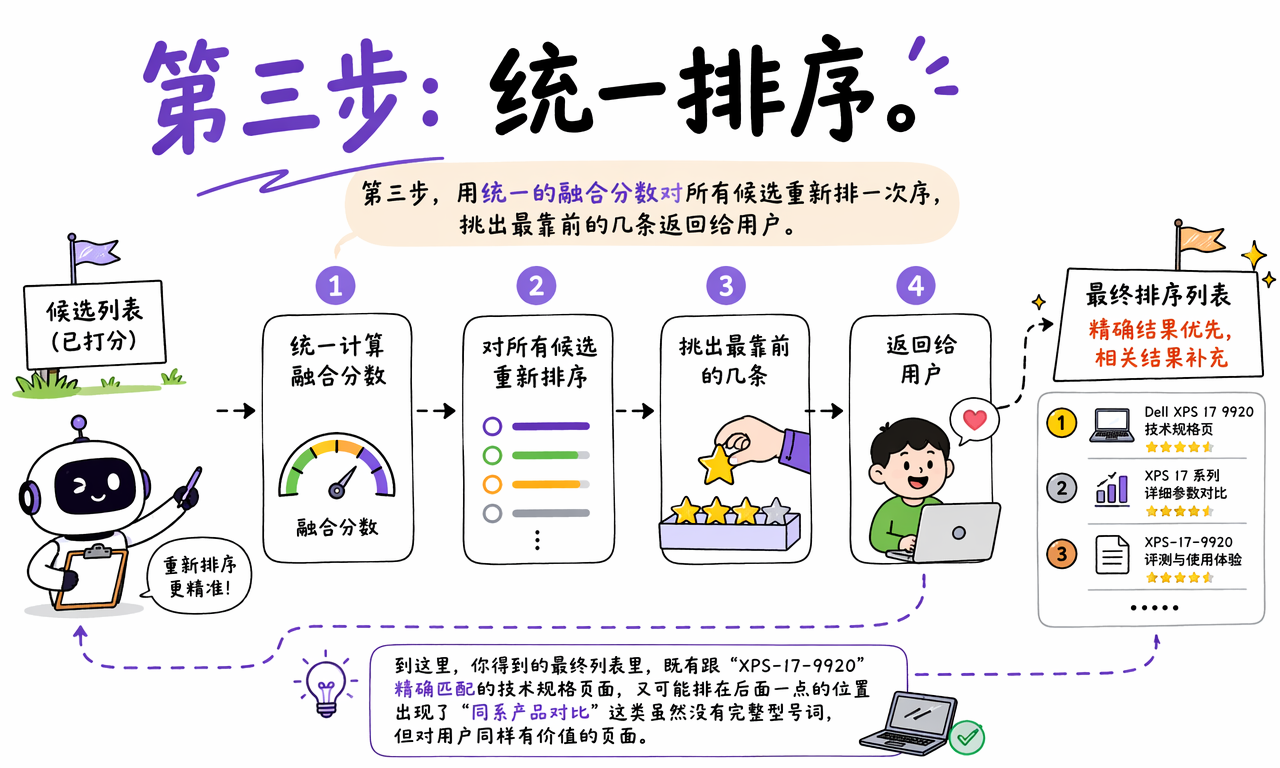 混合检索根据统一融合分数重新排序并返回最终列表