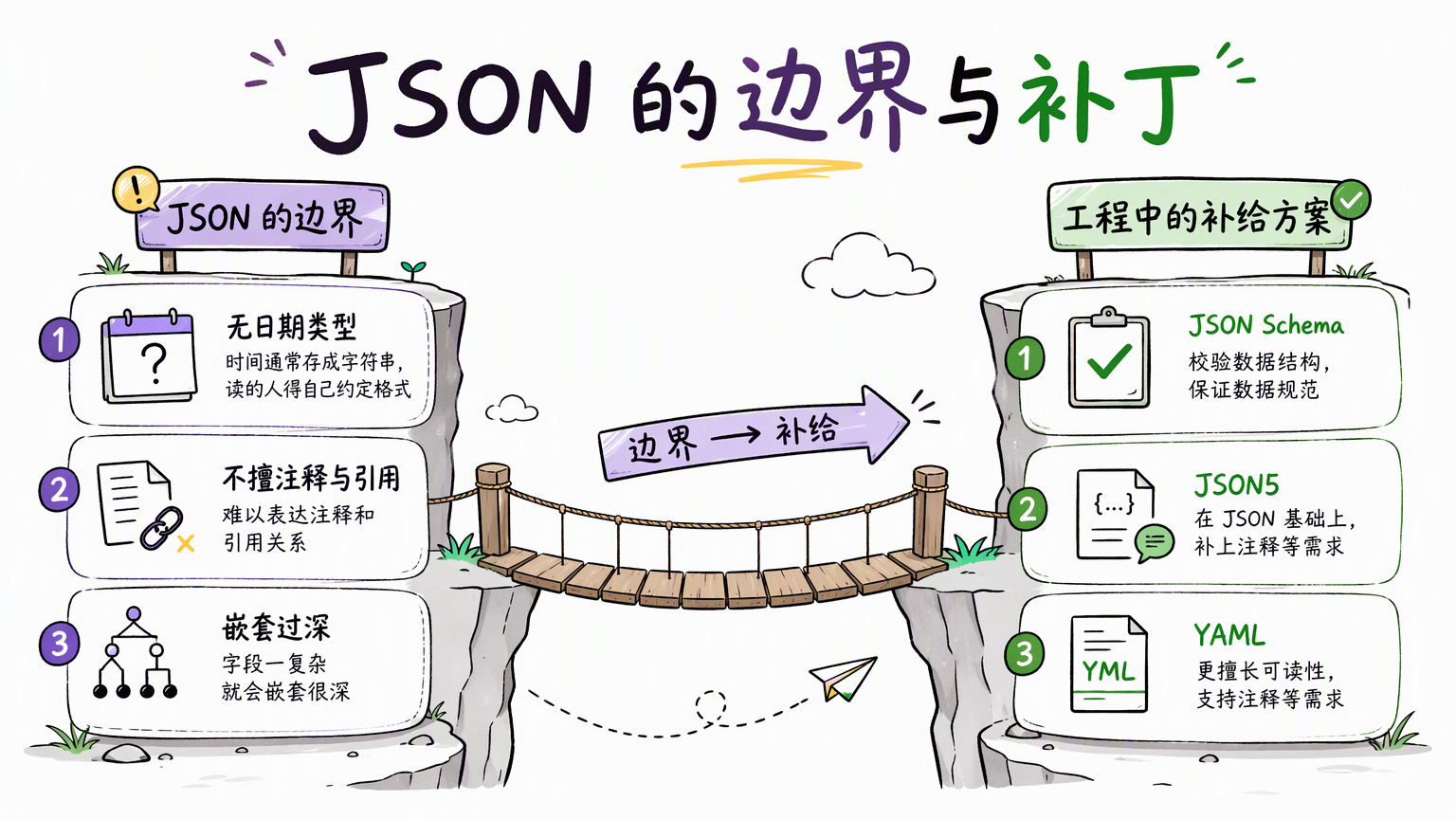JSON 在日期、注释和深层嵌套上的边界,以及 JSON Schema、JSON5 和 YAML 等补充方案