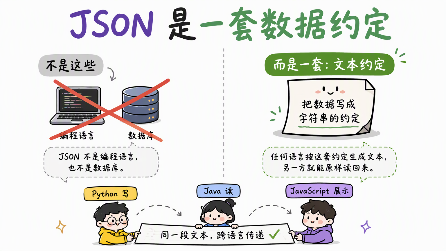 JSON 不是编程语言或数据库,而是一套把数据写成字符串的文本约定