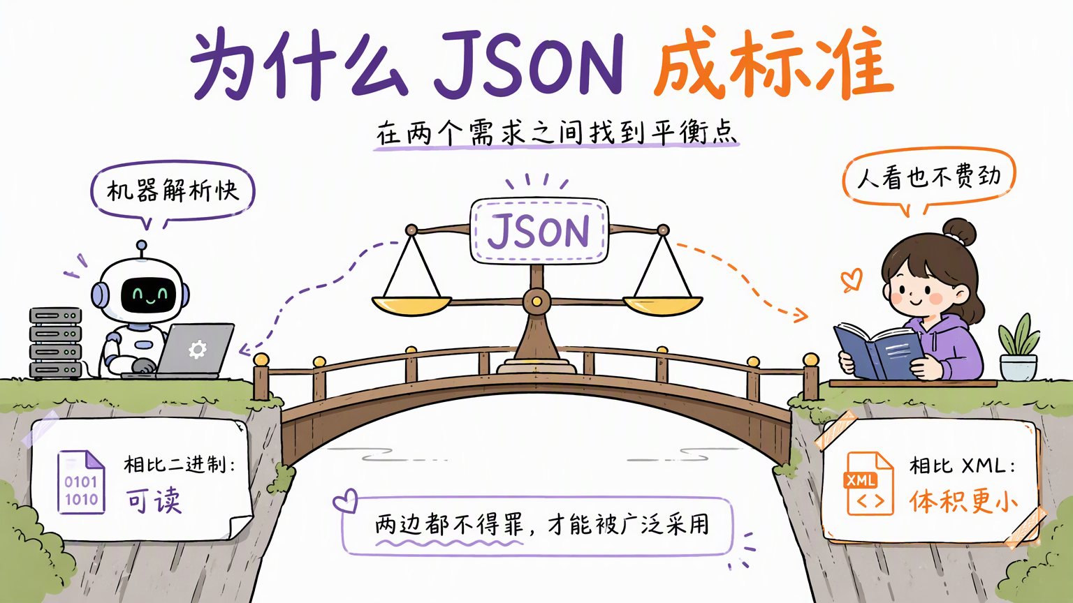 JSON 在机器解析速度、人类可读性和较小体积之间取得平衡