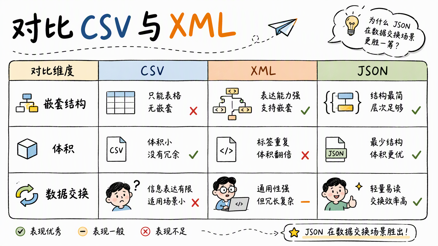从嵌套结构、体积和数据交换三个维度对比 CSV、XML 与 JSON