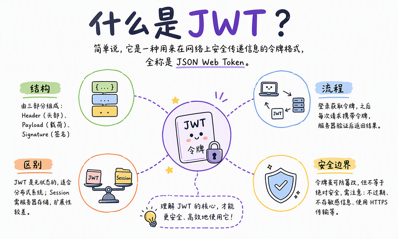 JWT 是一种由结构、流程、Session 对比和安全边界组成的网络身份令牌格式