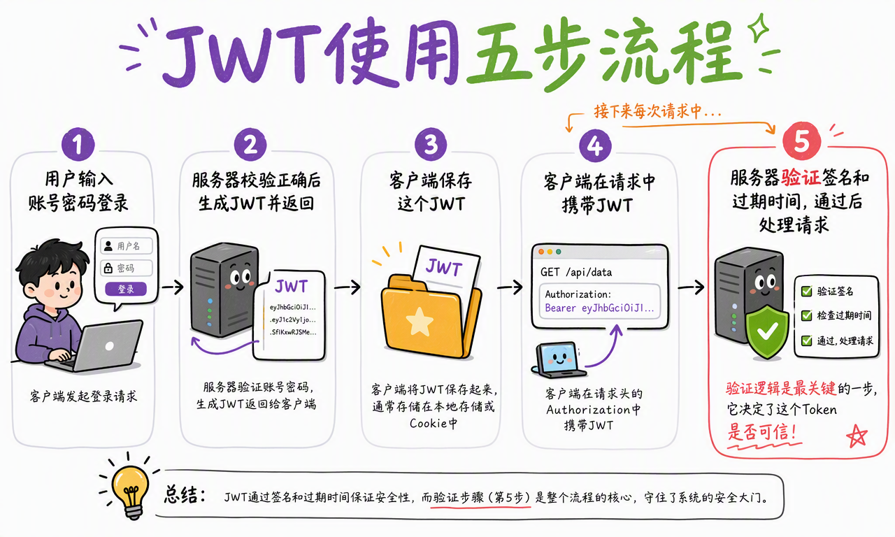 JWT 每次请求都需要验证签名、过期时间和关键 Claims,通过后才能处理业务