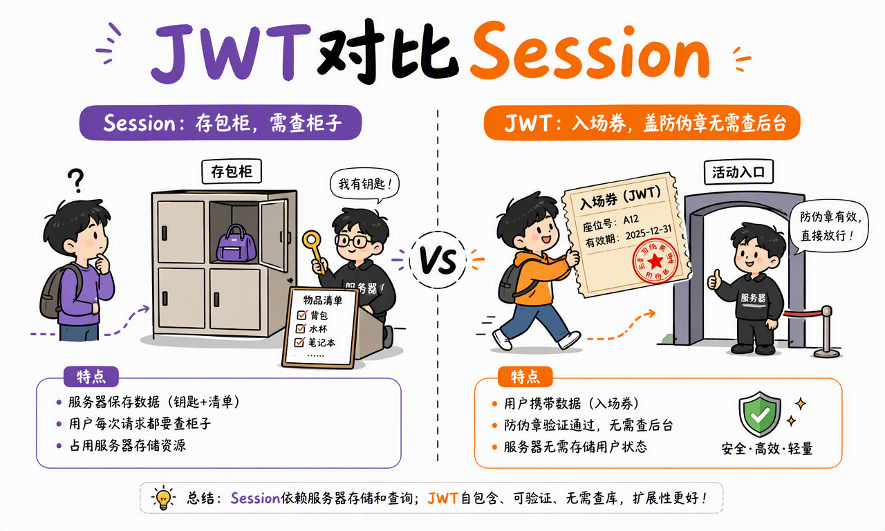 JWT 像带防伪章的入场券,Session 像服务器保存物品清单的存包柜