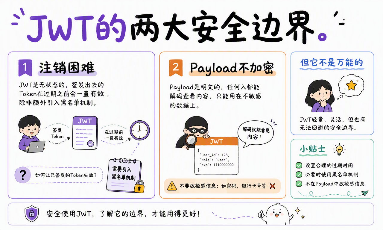 JWT 的主要安全边界包括注销困难、Payload 可读、密钥泄露、短过期和刷新机制