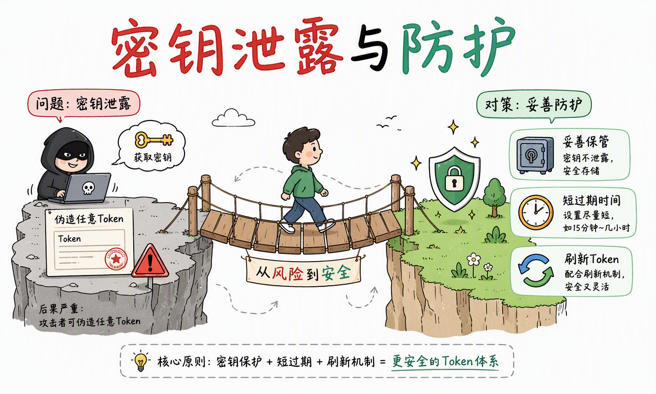 保护 JWT 密钥需要安全保管、缩短有效期、密钥轮换和刷新 Token 等多层措施