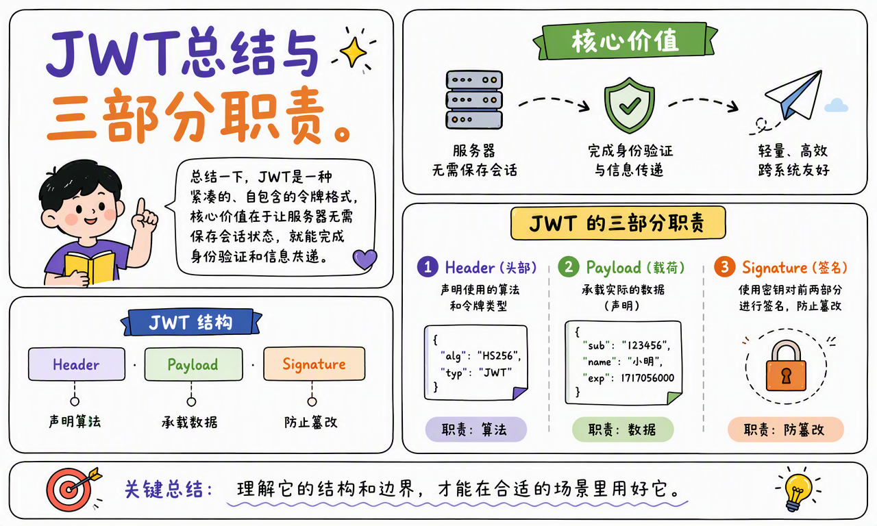 JWT 总结了服务器无会话、身份验证与信息传递,以及 Header、Payload、Signature 的三部分职责