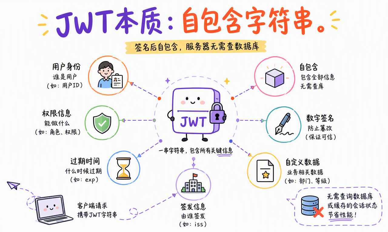 JWT 把用户身份、权限、过期时间和签发者等信息封装在一串可验证的字符串中