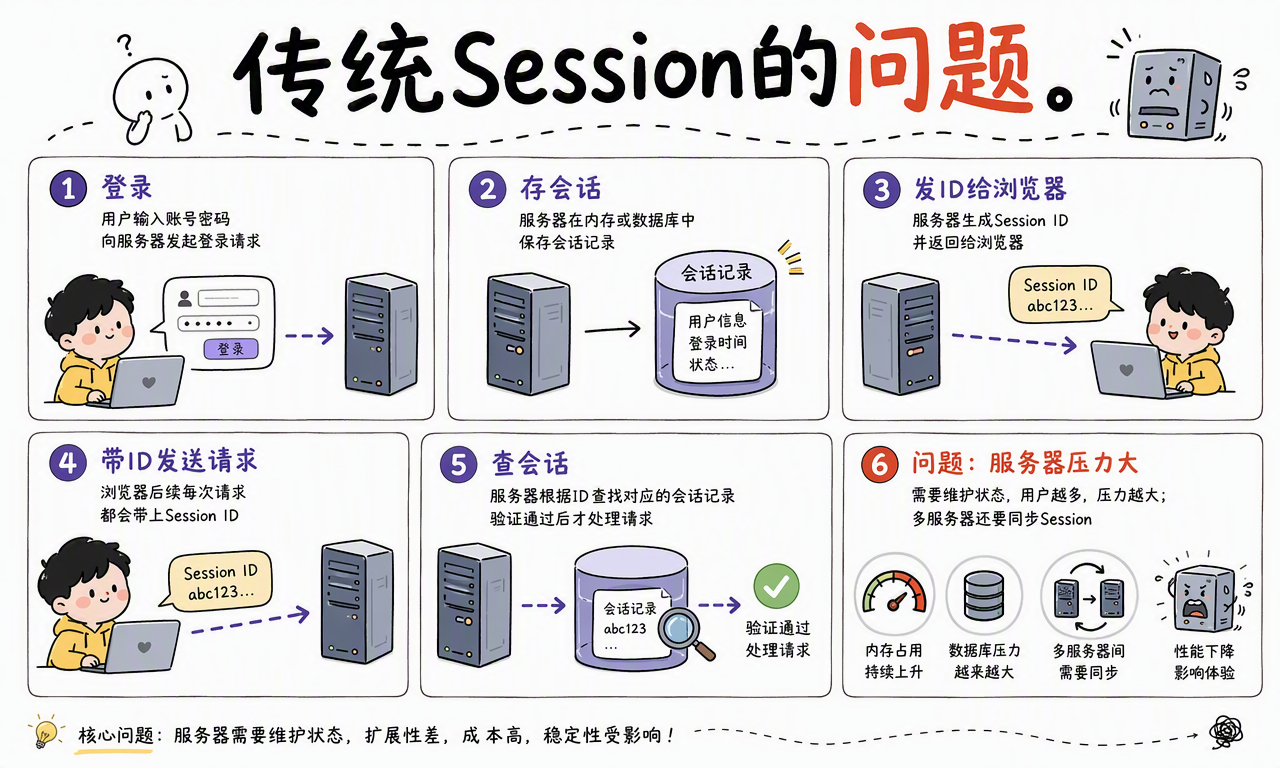 传统 Session 认证需要服务器保存会话记录,并在每次请求中根据 Session ID 查询状态
