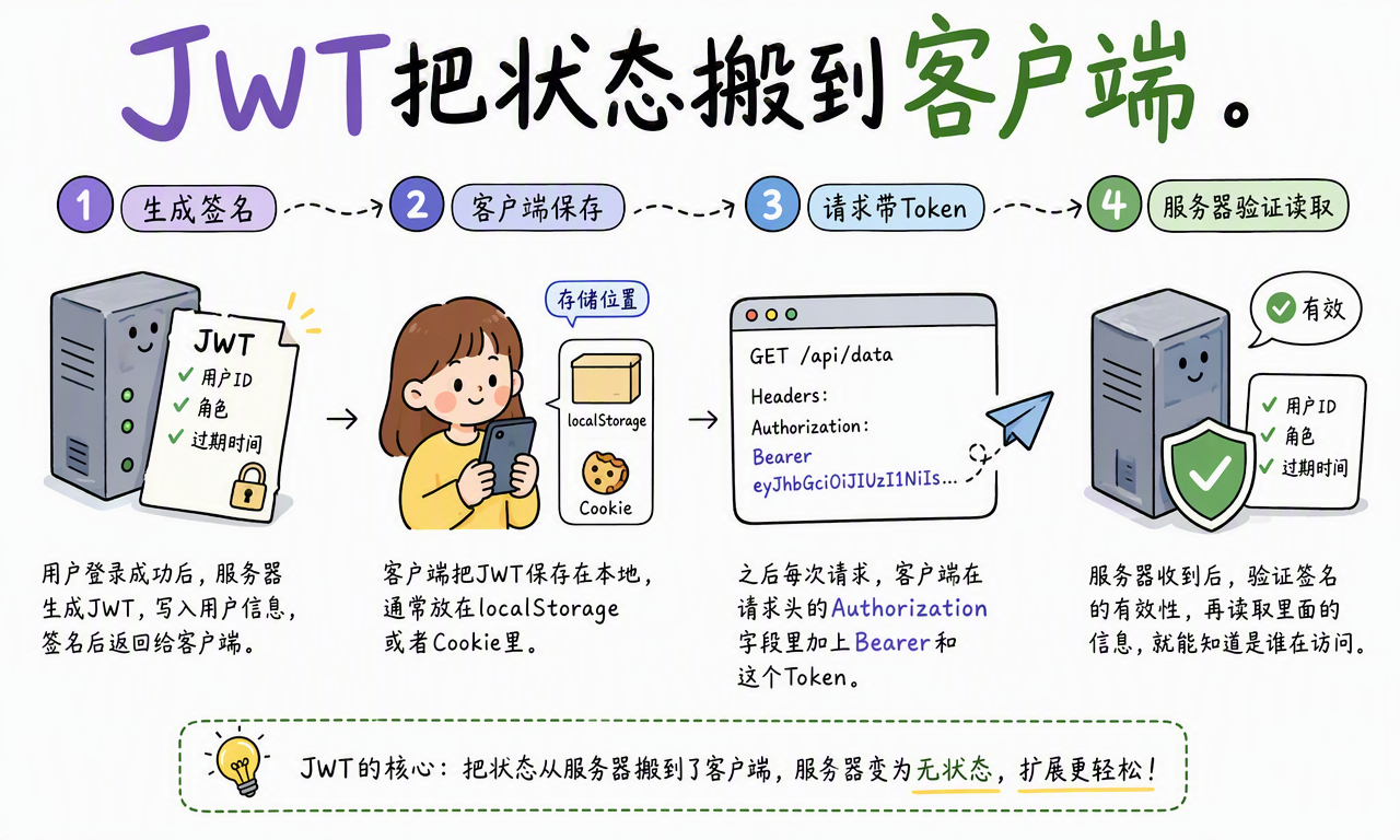 JWT 认证流程包括签发、客户端保存、请求携带和服务器验证四个主要阶段