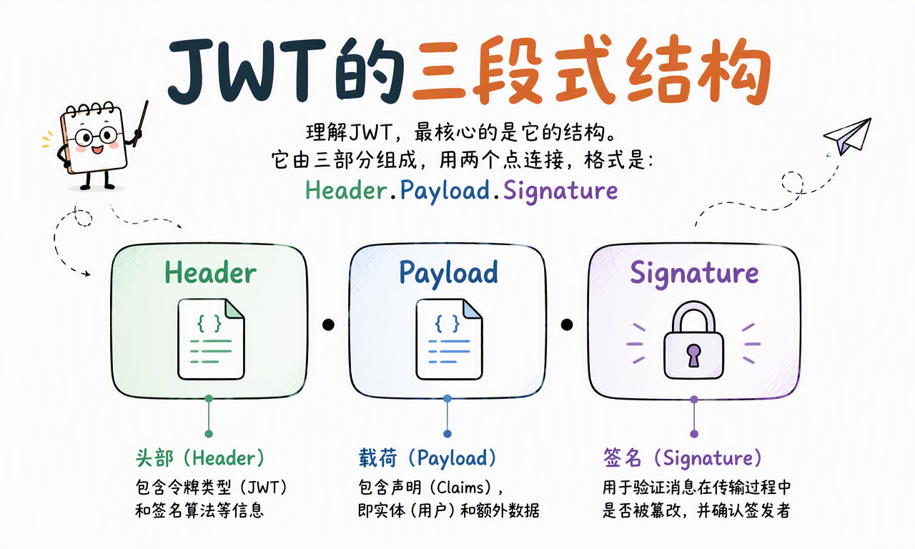 JWT 的三段式结构是 Header、Payload 和 Signature,分别负责声明、承载数据和防止篡改