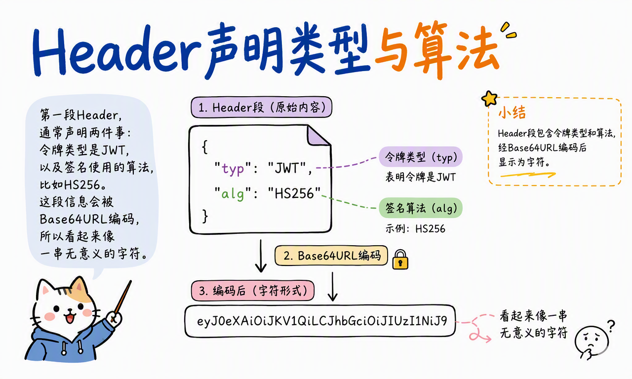 JWT Header 声明令牌类型和签名算法,再经过 Base64URL 编码变成字符串