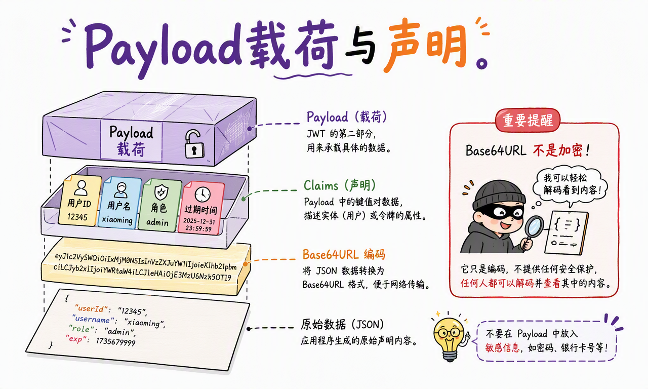 JWT Payload 通过 Claims 携带用户 ID、角色和过期时间,但 Base64URL 编码不是加密