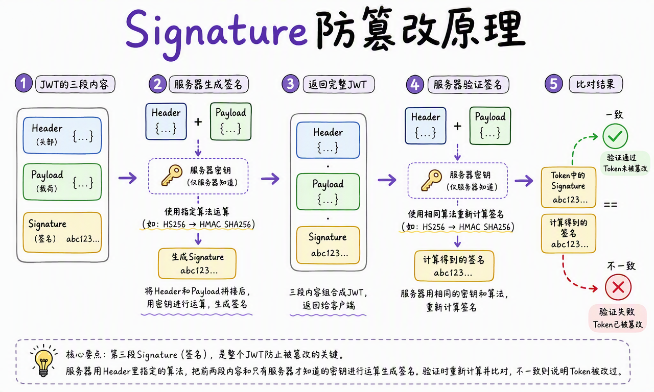 JWT Signature 的生成与验证过程:服务器使用密钥重新计算签名并比较结果