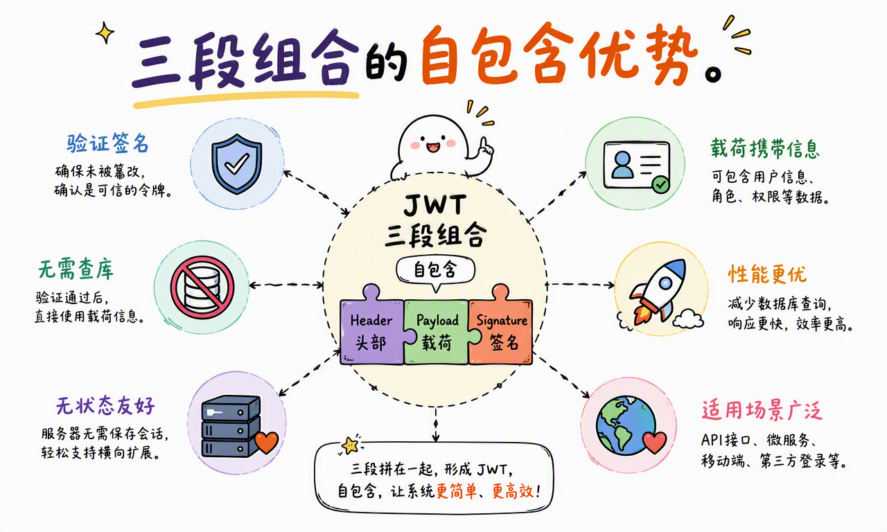 JWT 通过自包含声明和签名验证减少会话查询,适合 API、微服务和跨服务身份传递