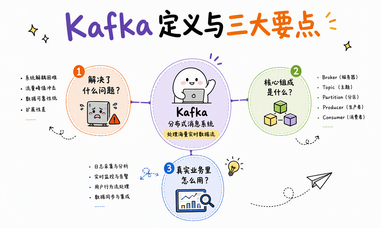 Kafka 作为分布式消息系统,围绕解决问题、核心组成和真实业务用法三个要点展开