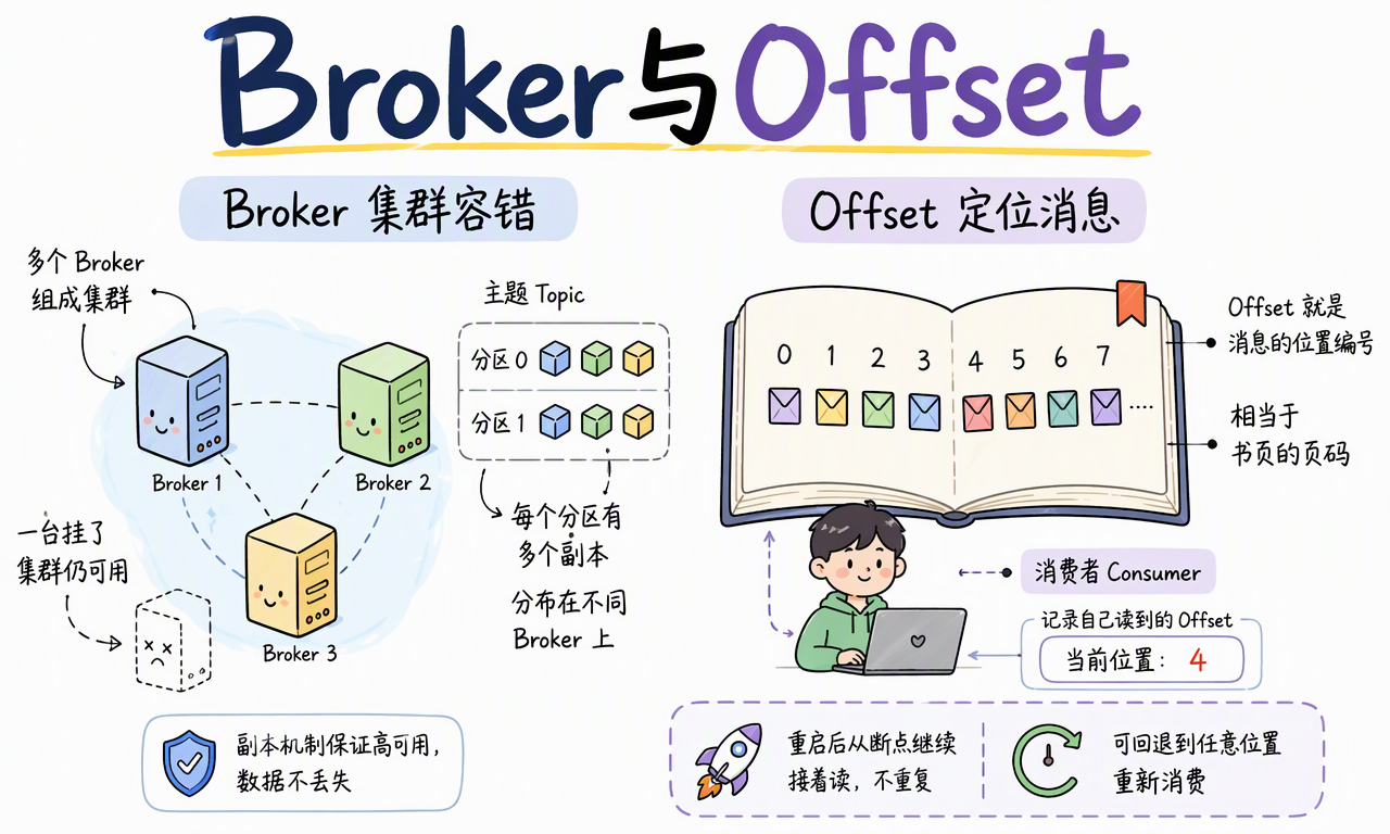 多个 Broker 组成集群并用副本容错,Offset 则记录消费者在分区中的读取位置