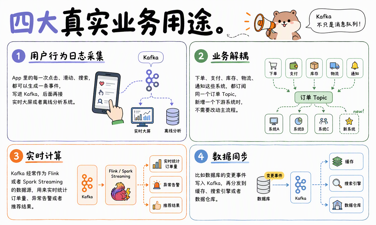 Kafka 用于用户行为日志采集、业务解耦、实时计算和数据同步四类真实场景