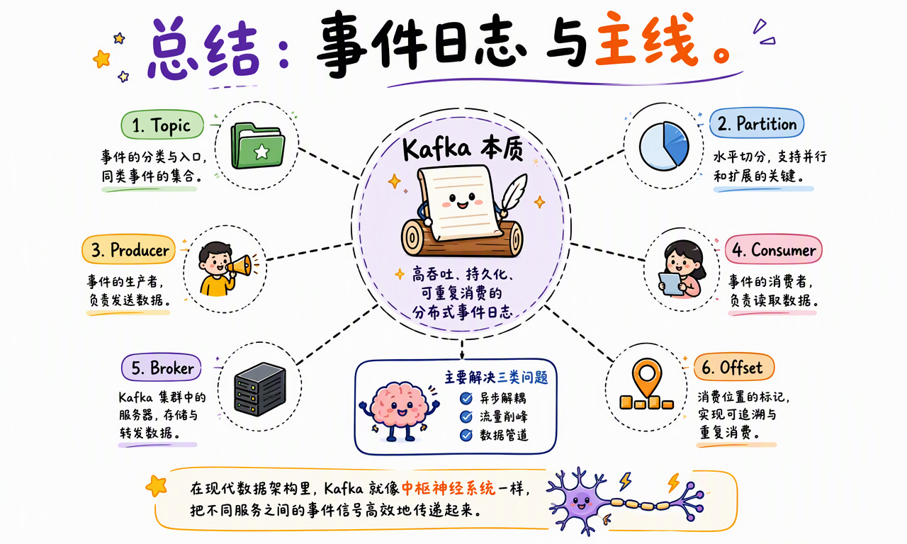 Kafka 本质是可重复消费的分布式事件日志,主线是 Topic、Partition、Producer、Consumer、Broker、Offset