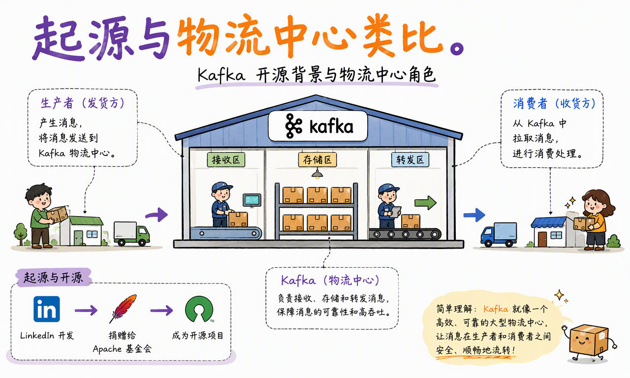 Kafka 像物流中心,生产者发货、集群负责接收存储转发、消费者再按需收货