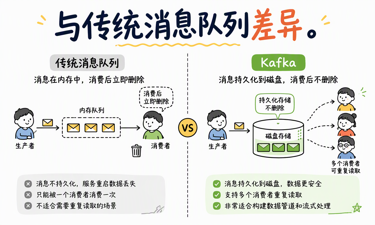 传统消息队列消费后通常移除消息,Kafka 把消息持久化到磁盘并支持多消费者重复读取