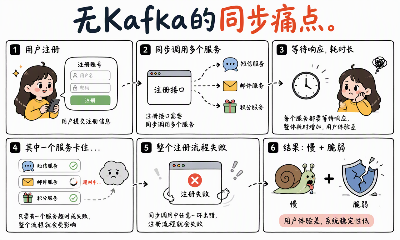 没有 Kafka 时,注册接口同步调用短信、邮件和积分服务,导致流程又慢又脆弱