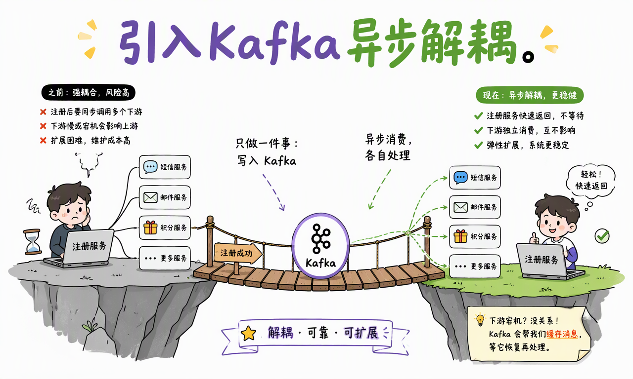 注册服务把成功事件写入 Kafka,短信、邮件和积分服务各自异步消费,实现系统解耦
