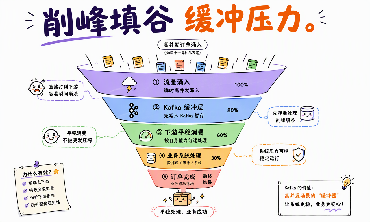 高峰订单先写入 Kafka 作为缓冲层,下游再按自身能力平稳消费,实现削峰填谷