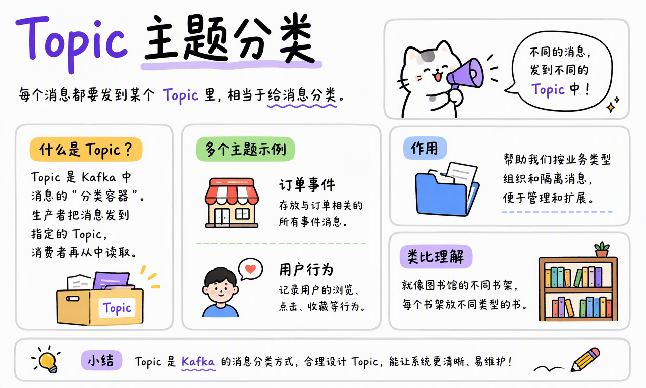 Topic 是 Kafka 的消息分类容器,订单事件和用户行为分属不同主题