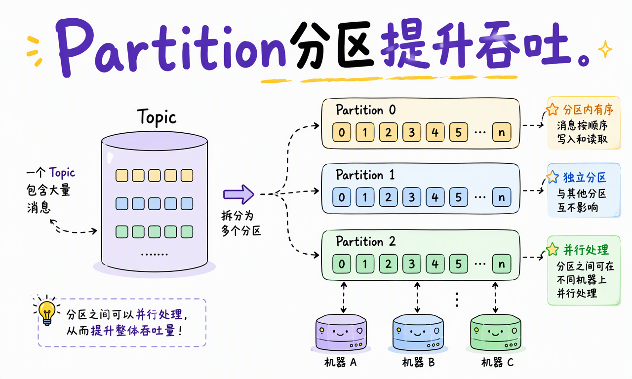 一个 Topic 拆成多个 Partition,分区内有序,分区之间可并行以提升吞吐
