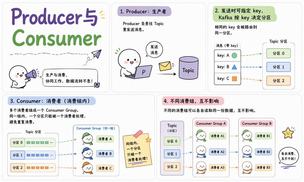 Producer 按 key 路由分区;同一消费组内分区不重复消费,不同消费组可独立读取