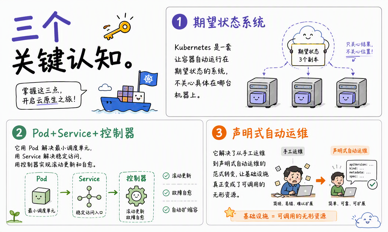 理解 Kubernetes 的三个关键:期望状态、Pod 与 Service、声明式自动运维