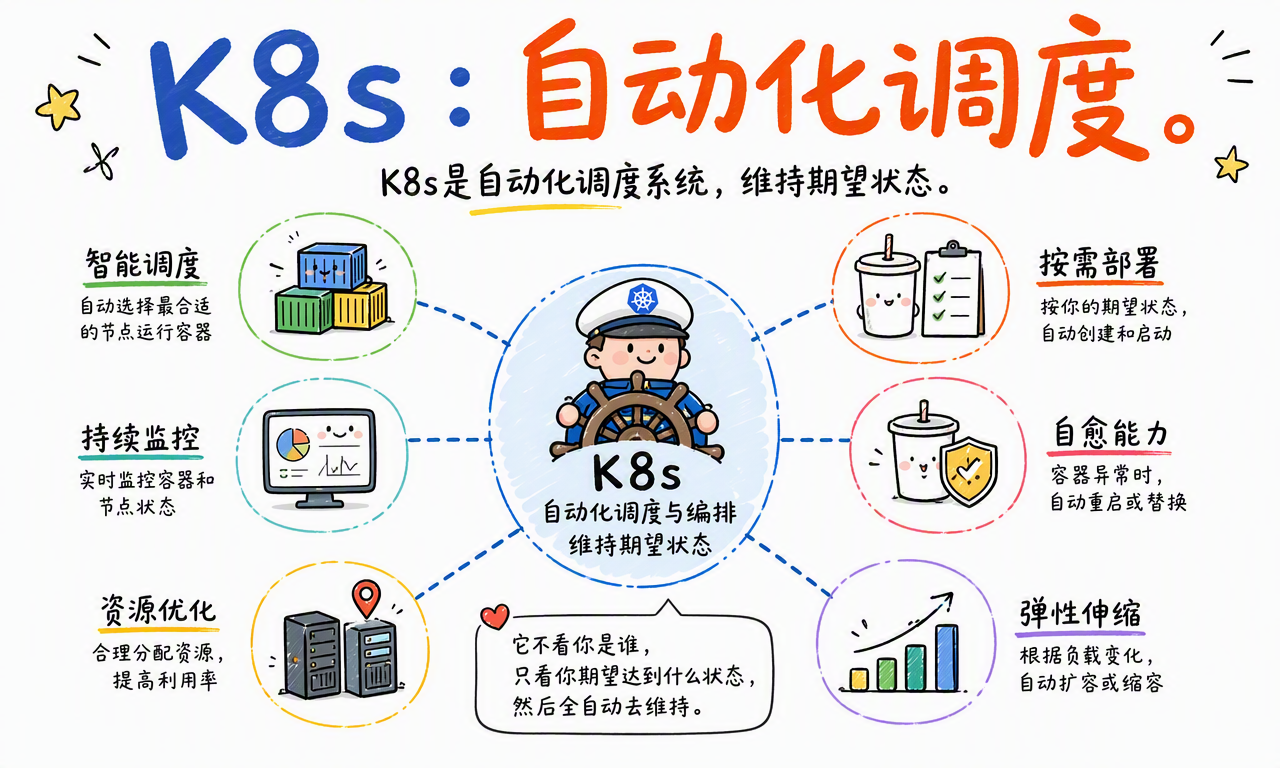 Kubernetes 通过智能调度、持续监控、资源优化、自愈和弹性伸缩维持期望状态