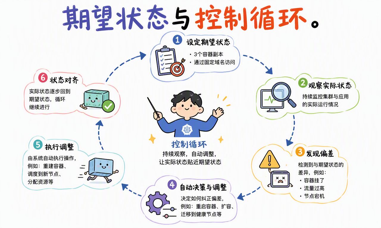 Kubernetes 控制循环持续观察实际状态、发现偏差、执行调整并重新对齐期望状态