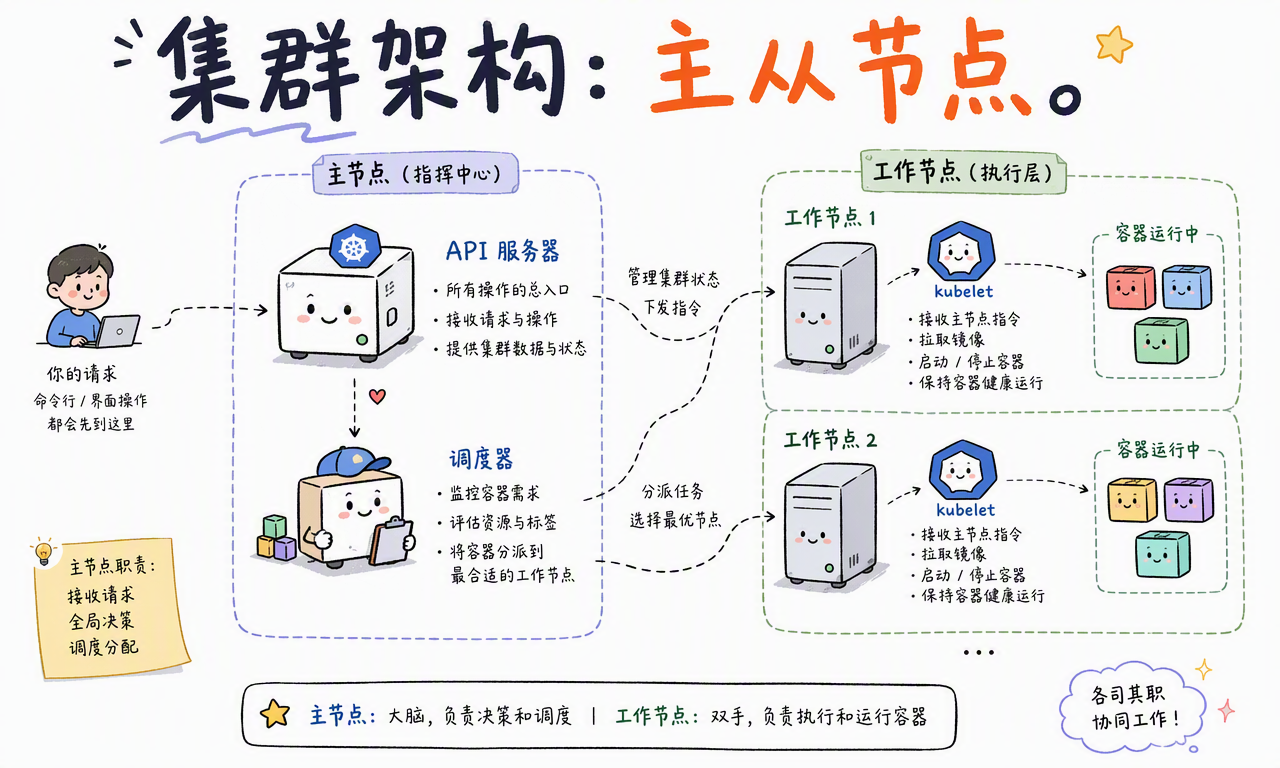 Kubernetes 控制平面通过 API Server 和调度器管理工作节点上的 kubelet 与容器