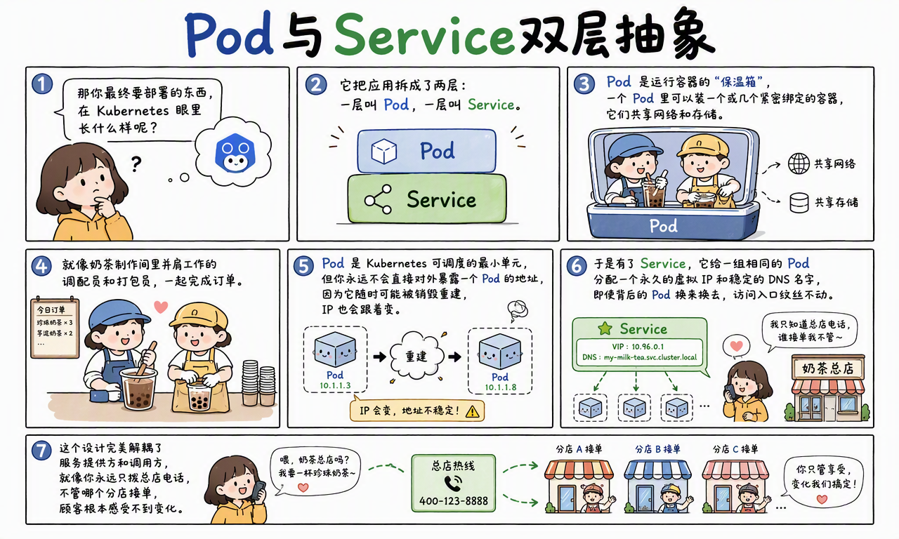 Pod 封装紧密协作的容器,Service 为一组会重建换 IP 的 Pod 提供稳定访问入口