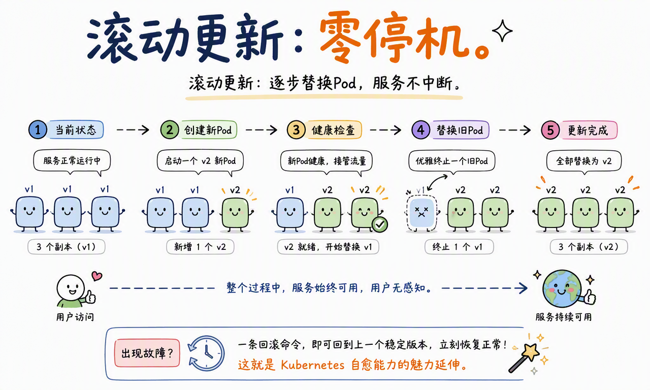 Kubernetes 逐步创建并检查 v2 Pod,再替换 v1 Pod,实现服务不中断的滚动更新