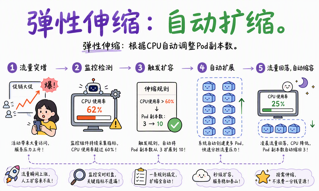 Kubernetes HPA 在 CPU 超过阈值时增加 Pod,并在负载回落后缩减副本