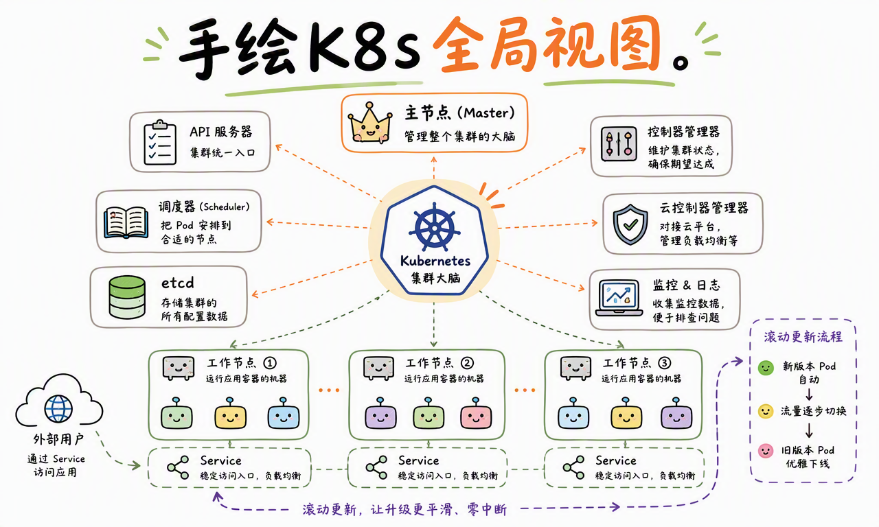 Kubernetes 全局架构连接控制平面、工作节点、Pod、Service、外部访问和滚动更新流程