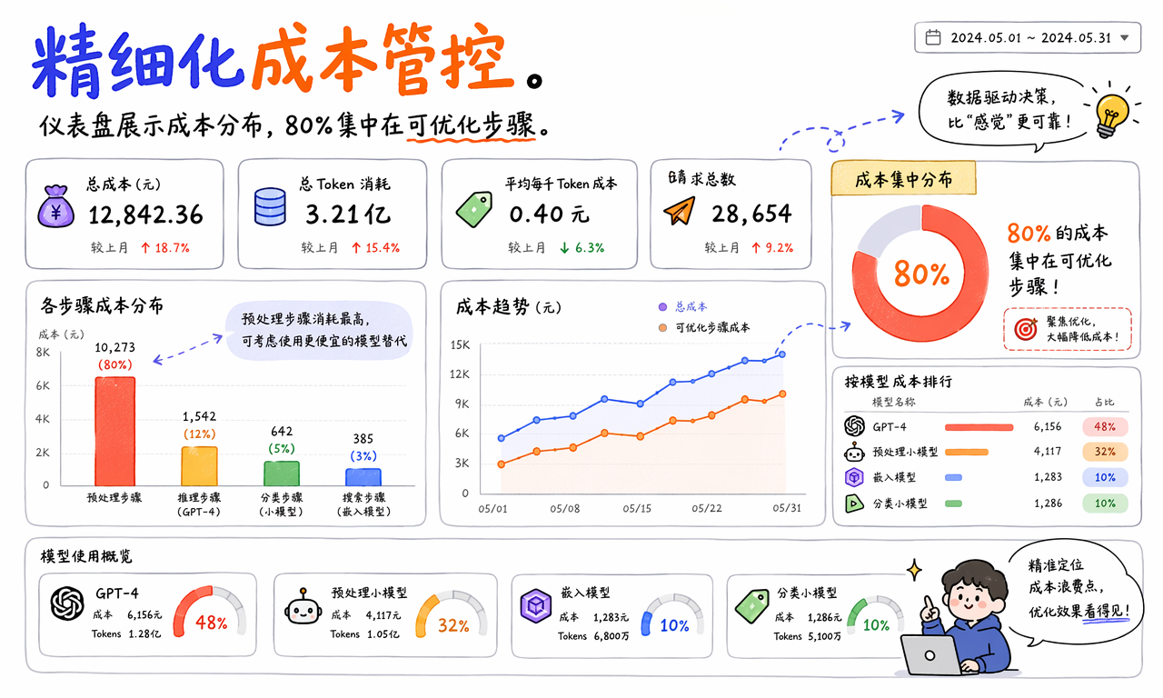 Langfuse 按步骤和模型展示 Token 与成本分布的示意仪表盘