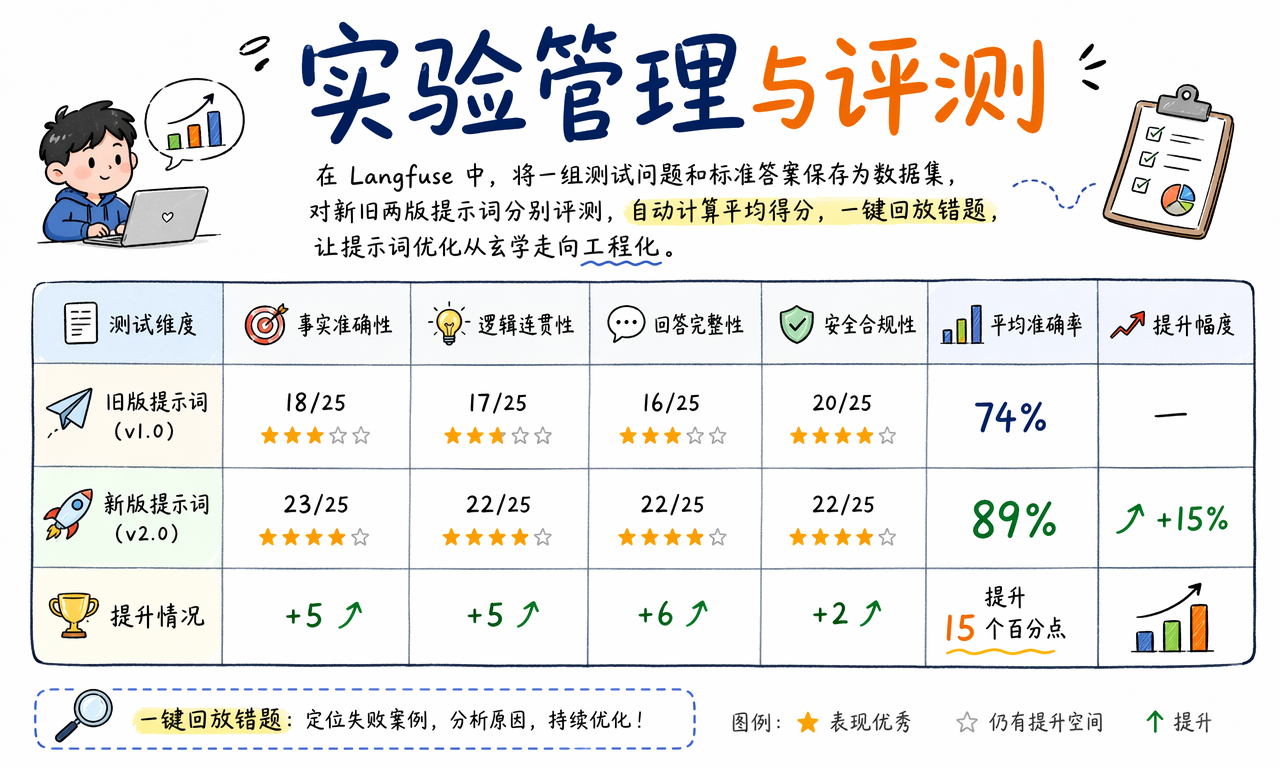 Langfuse 用数据集和评分比较新旧提示词版本的示意结果