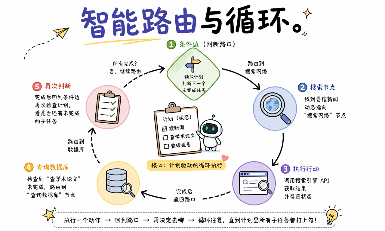 LangGraph 研究助手通过条件路由循环执行搜索和数据库查询