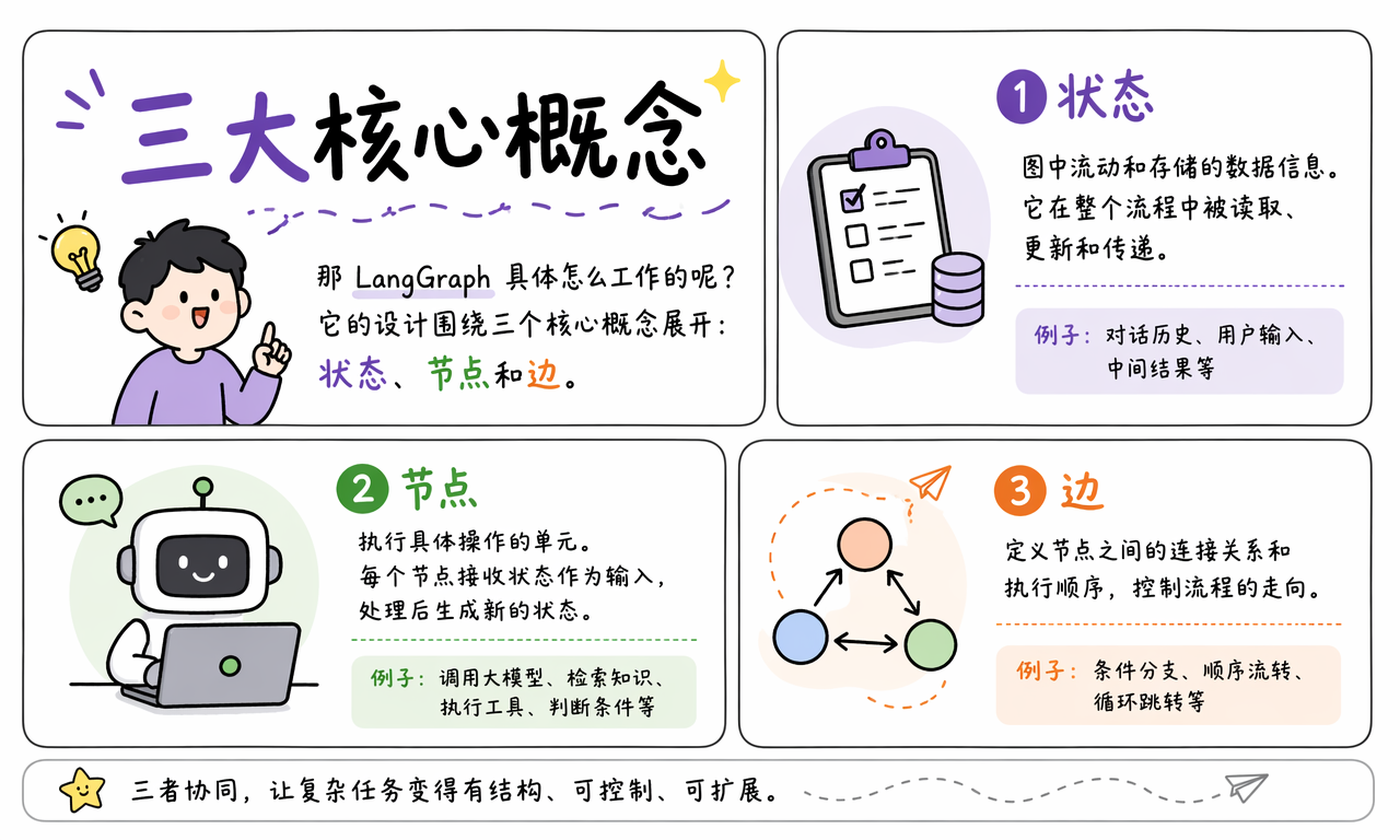 LangGraph 的三个核心概念是状态节点和边