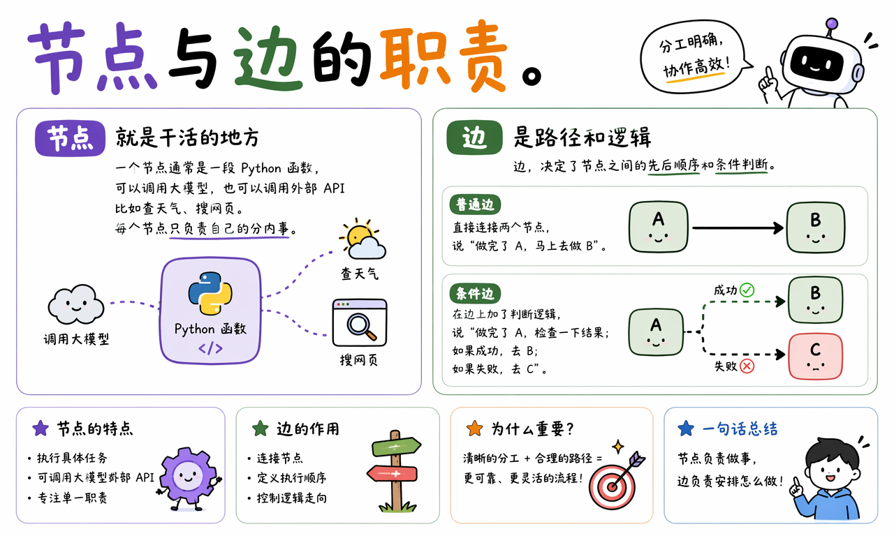 LangGraph 节点负责执行任务边负责顺序和条件逻辑