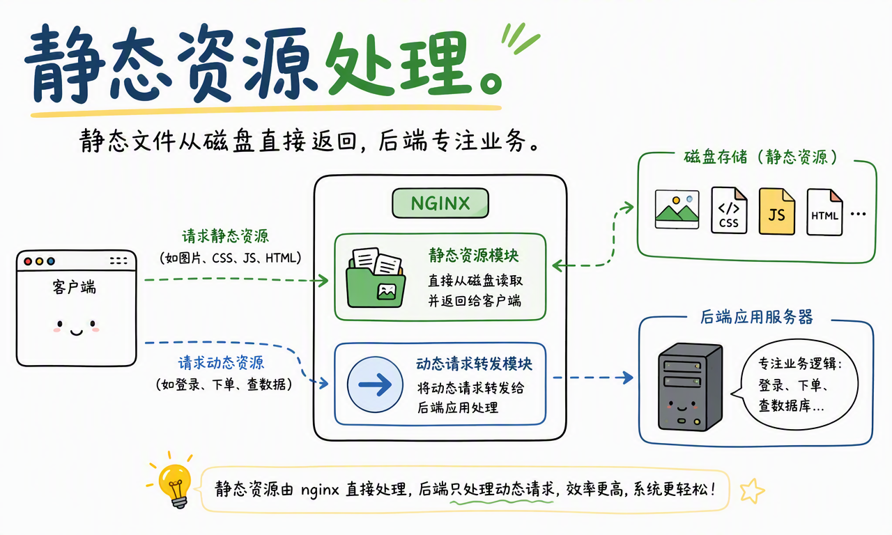 Nginx 直接从磁盘或缓存返回图片、CSS、JavaScript 和 HTML 等静态资源