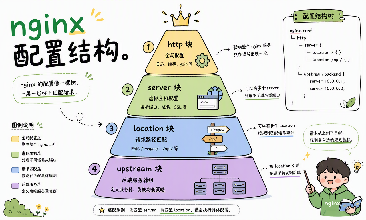 Nginx 配置由 http、server、location 和 upstream 等层级组成