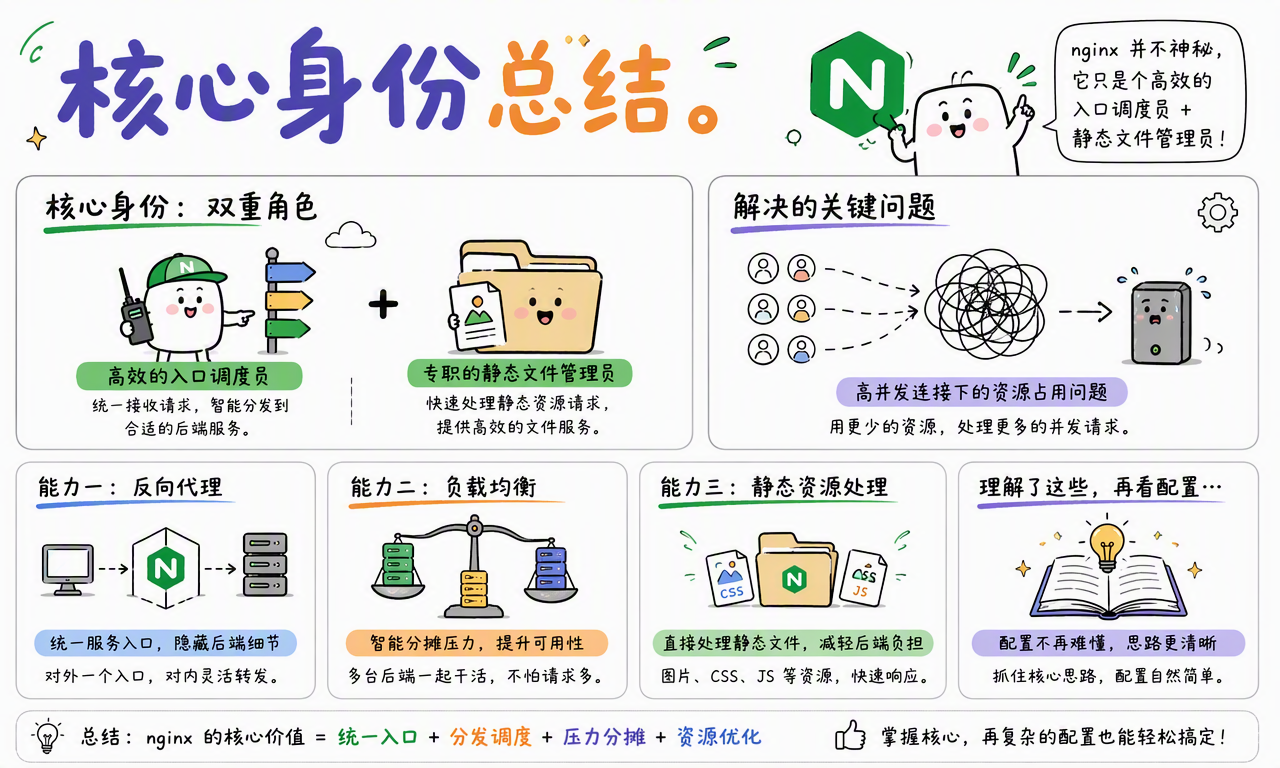 Nginx 作为高效入口调度员,统一连接、代理、负载均衡和静态资源处理